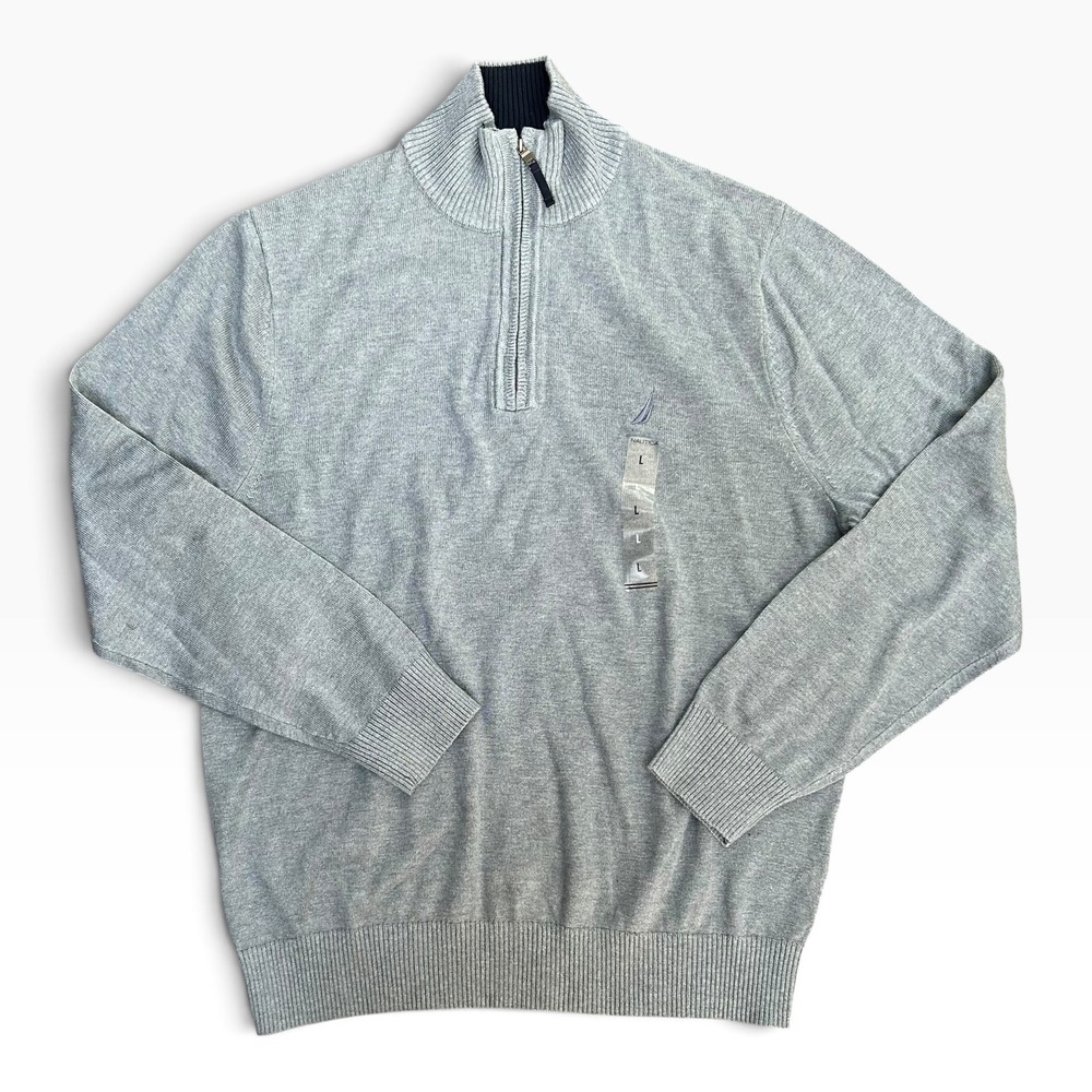 Nautica Mens Quarter Zip Mock Neck Gray Knit Pullover Sweater Large NEW